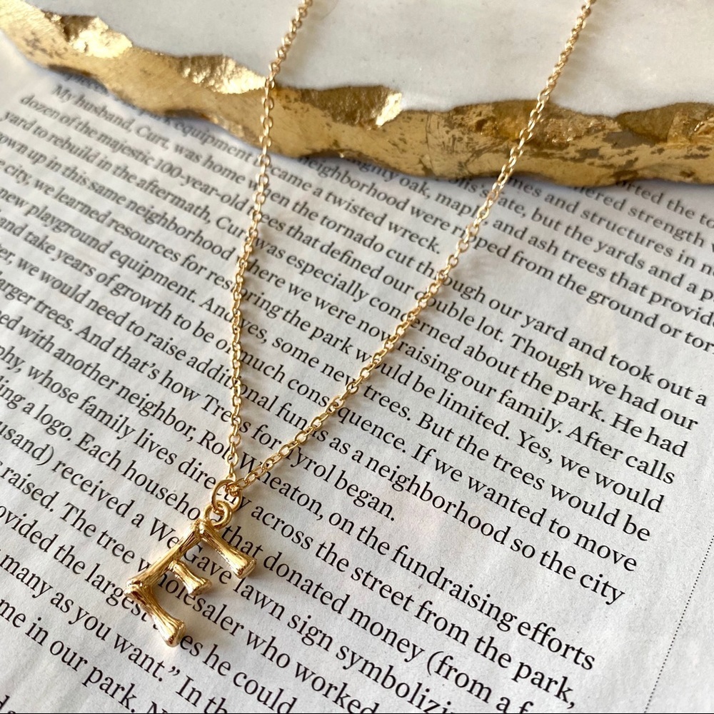 Gold Initial Letter Necklace Bamboo Link Charm E
